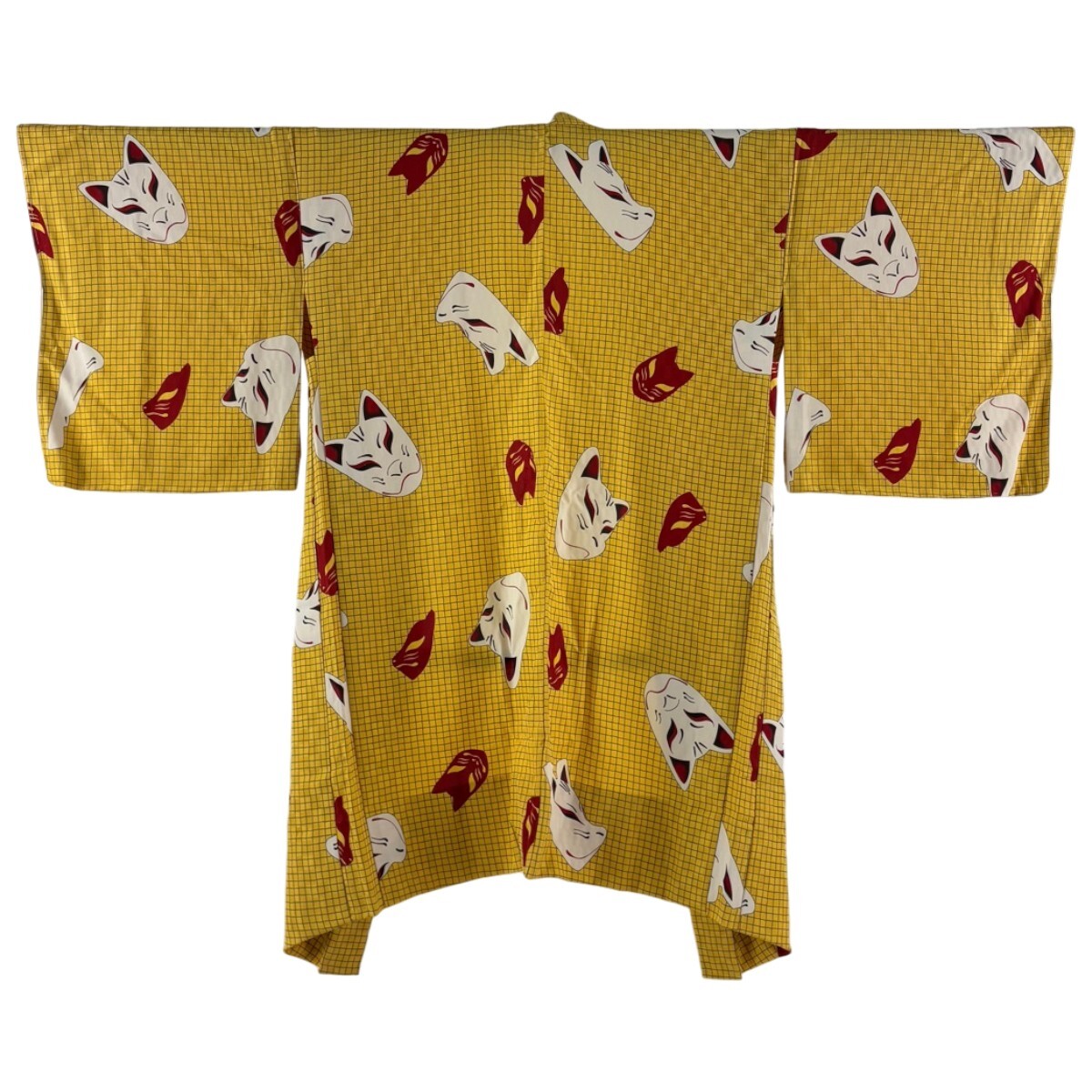 羽織 身丈98cm 裄丈65.5cm M お面 格子 山吹色 正絹 逸品 【中古】