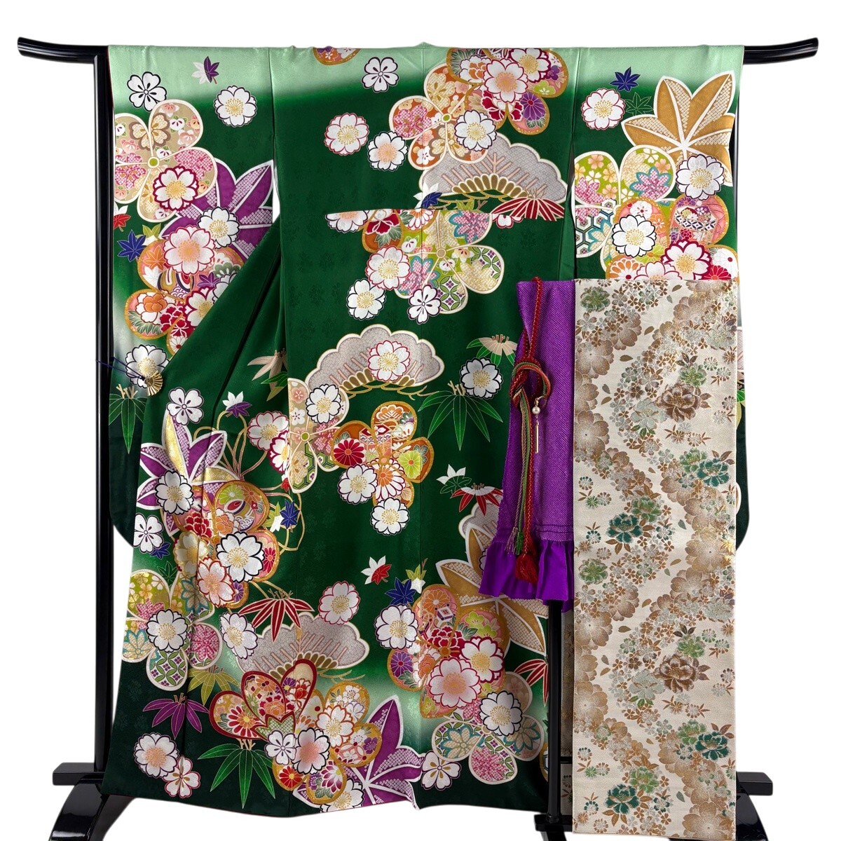 【美品】振袖 身丈161.5cm 裄丈66cm M 袷 袋帯フルセット 桜 笹 金糸 金彩 緑 正絹 名品 【中古】