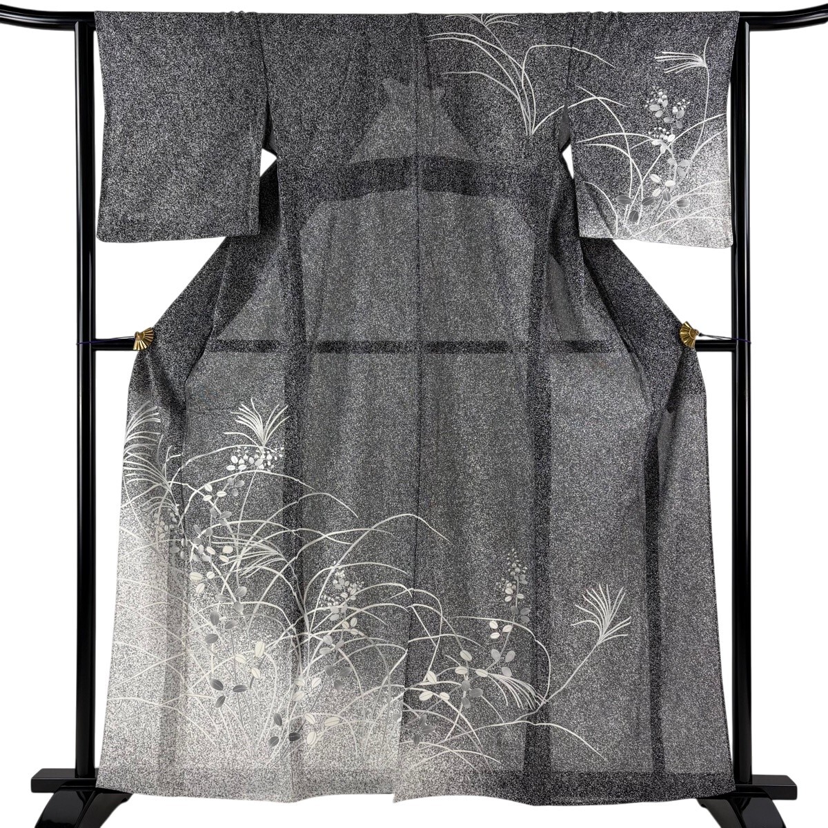 【美品】 訪問着 身丈160.5cm 裄丈63.5cm S 薄物 絽 萩 ススキ 銀糸 銀彩 黒灰 正絹 秀品 【中古】