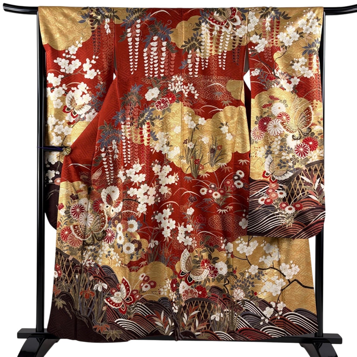 【美品】 振袖 身丈159cm 裄丈65.5cm M 袷 蝶 秋草 金糸 金彩 赤 正絹 秀品 【中古】