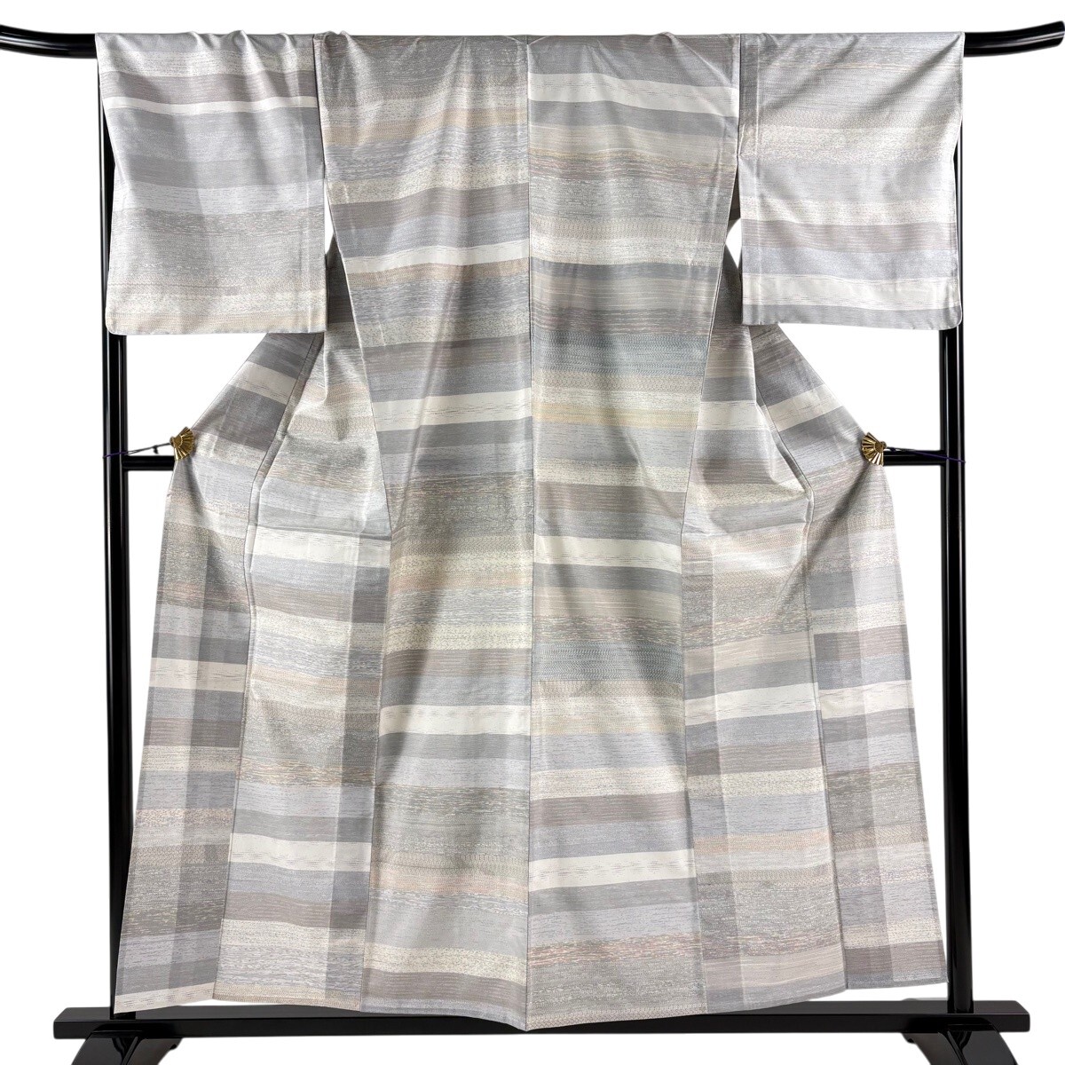 【美品】 紬 身丈155.5cm 裄丈69cm L 単衣 段縞 灰色 正絹 秀品 【中古】
