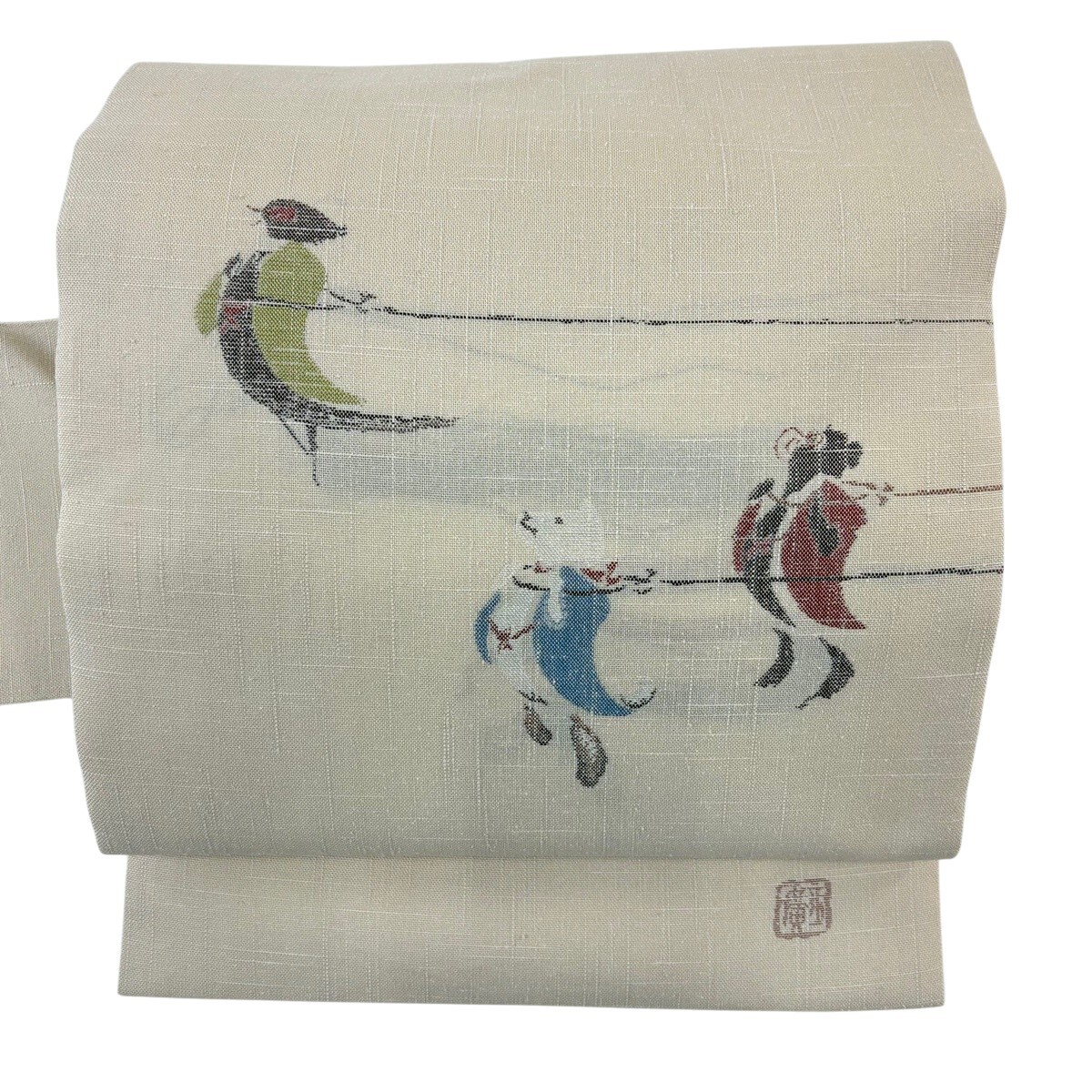 【美品】 名古屋帯 逸品 となみ織物 落款 昔ばなし 動物 ベージュ 正絹 【中古】