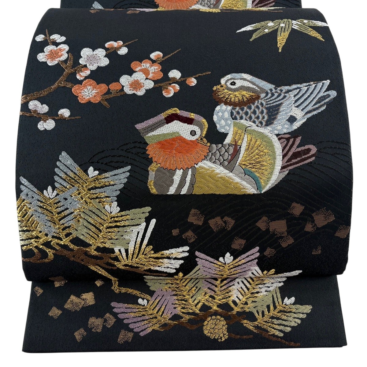 【美品】 袋帯 逸品 羽田登喜男監修 落款 松竹梅鴛鴦文 唐織 金銀糸 墨色 六通 正絹 【中古】