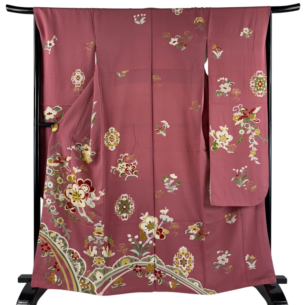 振袖 身丈164cm 裄丈67cm M 袷 草花 向かい鳥 金糸 金彩 ピンク 正絹 秀品 【中古】