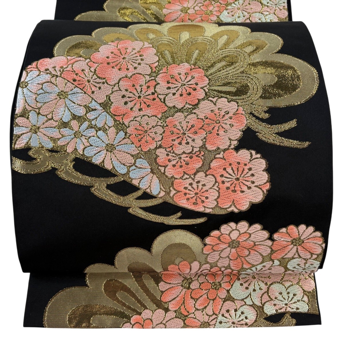 【美品】 袋帯 秀品 川島織物 落款 若松 桜 金糸 箔 黒 六通 正絹 【中古】