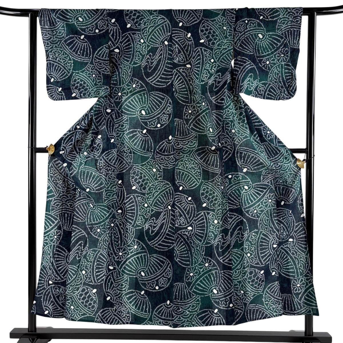 浴衣 身丈153cm 裄丈61cm S 絞り浴衣 鈴 花 深緑 綿 名品 【中古】