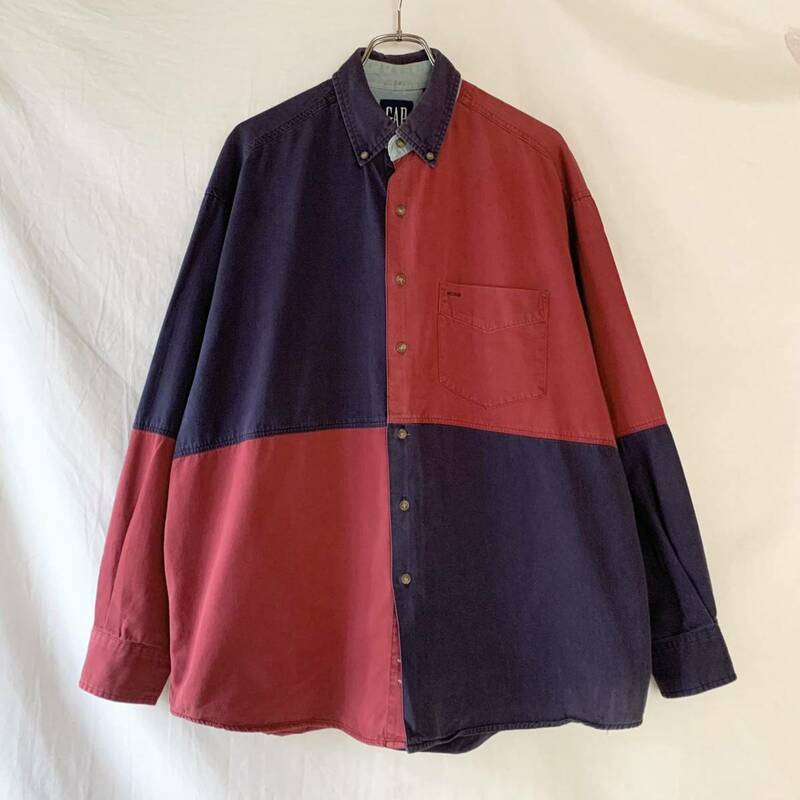 90s OLD GAP オールド ギャップ ボタンダウン 切り替えし クレイジーパターン コットン 長袖シャツ M レア 希少 ヴィンテージ OLD