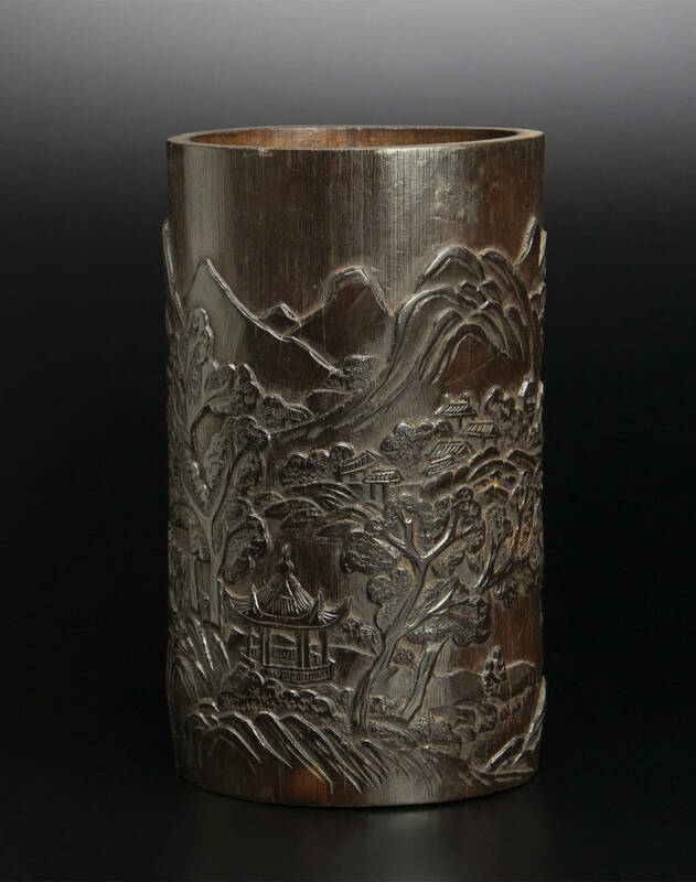 清 竹雕山水図筆筒 中国 古美術