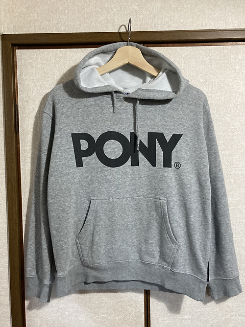 ★【PONY：ポニー】90s ヴィンテージ デカロゴ スウェットパーカ― ストレッチ size M／グレー×ブラック
