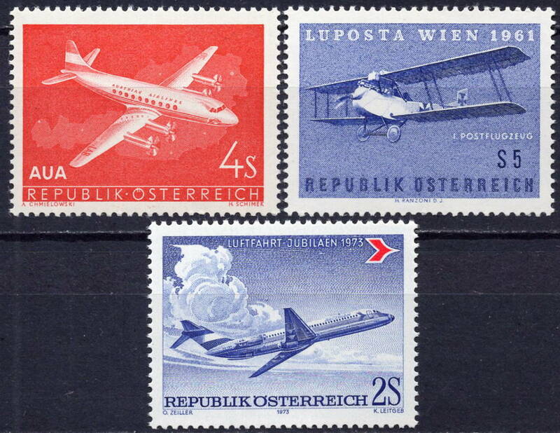 ★1958-73年 オーストリア - 「オーストリアの飛行機再開」1種完+「郵便飛行機」1種完+「最初国際郵便運送サービス」1種完 未(NH)★ZK-496