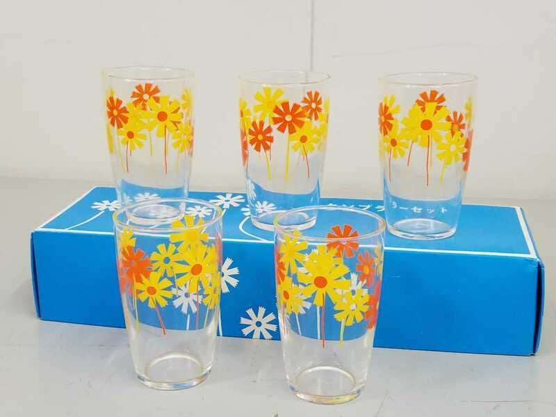 【未使用】 昭和レトロ 花柄グラス 5客セット 高さ約10.5cm 箱入り レトロポップ コップ オレンジ グラス ガラス タンブラー 