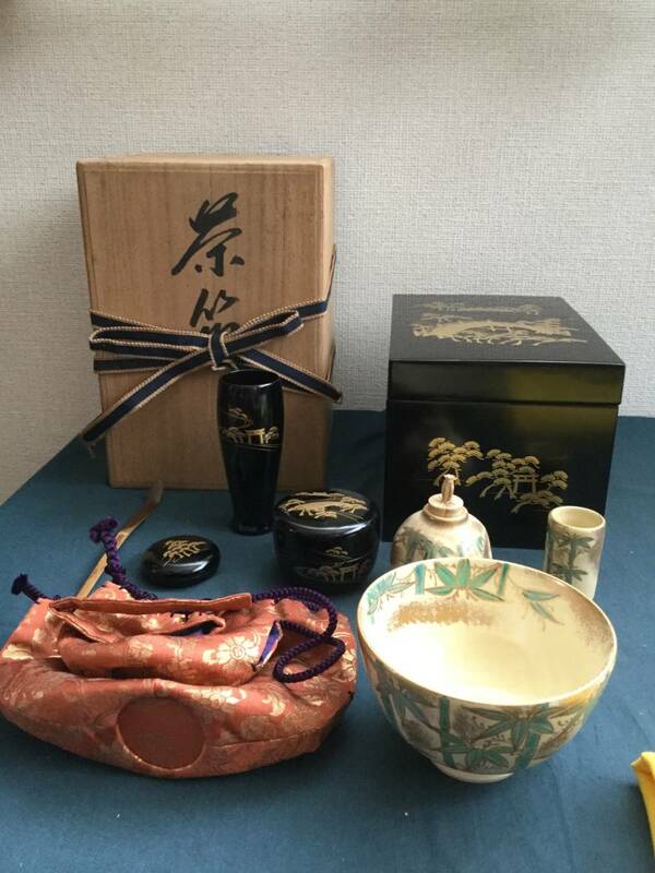  茶道具 茶箱　輪島塗住吉蒔絵茶箱セット　1１点