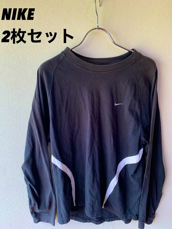 【人気】NIKE/ナイキ　adidas/アディダス　2枚セット　ロング　Tシャツ　上着　黒/ブラック　ジャージ　スポーツ　Lサイズ （K133）