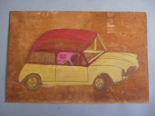 超逸品珍品1963年PHILIPPE WISEBECKERライクなベニヤ板に描かれた車の絵アウトサイダーアート日本の素朴絵フォークアートオースチン・ミニ
