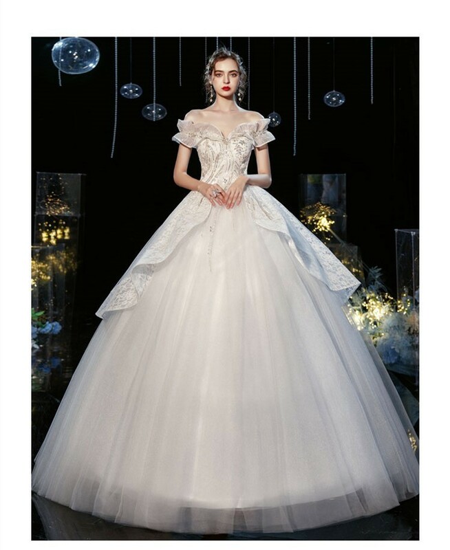 H016 新品 ウェディングドレス チュールスカート Aライン オフショルダー 白 結婚式 撮影 小さい～大きいサイズ グローブ パニエ ベール付