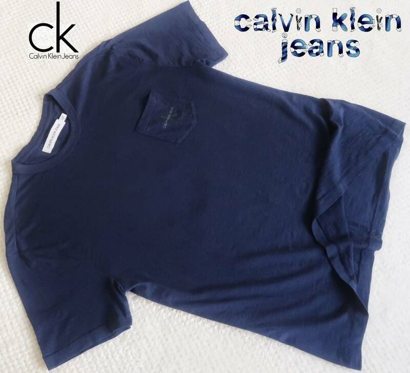 新品★カルバンクライン★爽やかな ネイビー スラブ Tシャツ★ポケット ロゴプリント ポケT 紺 XL★CK Calvin Klein☆348