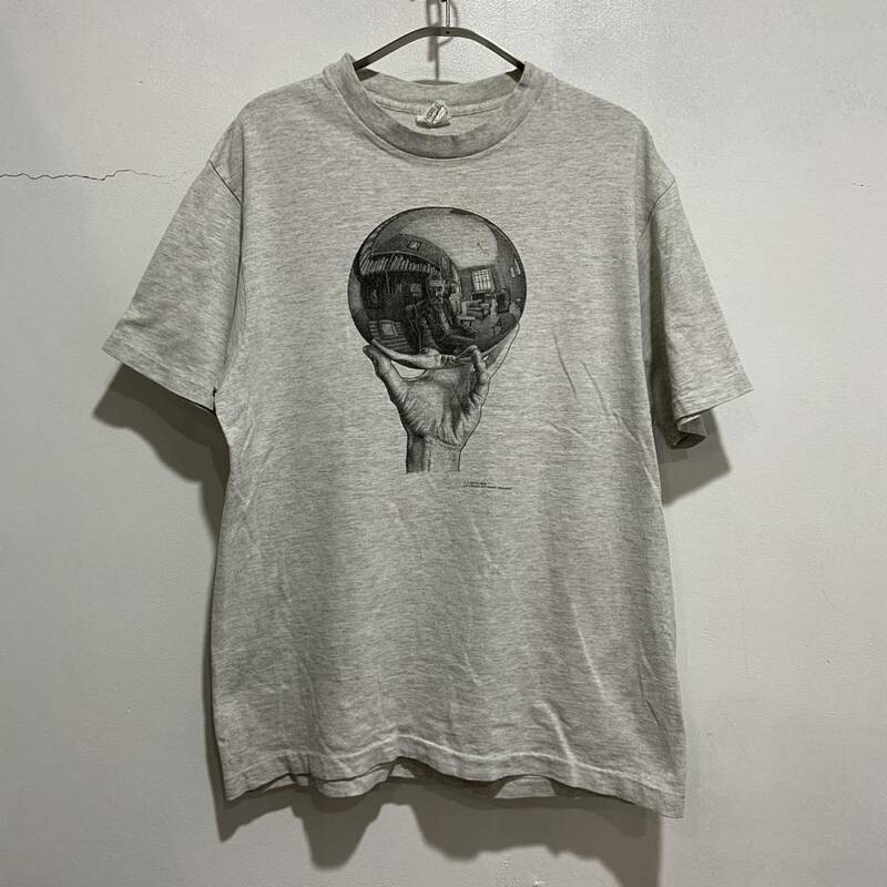 ☆送料無料☆ 90s☆エッシャー☆水晶玉Tシャツ☆ANDAZIA☆USA製☆騙し絵☆グレー