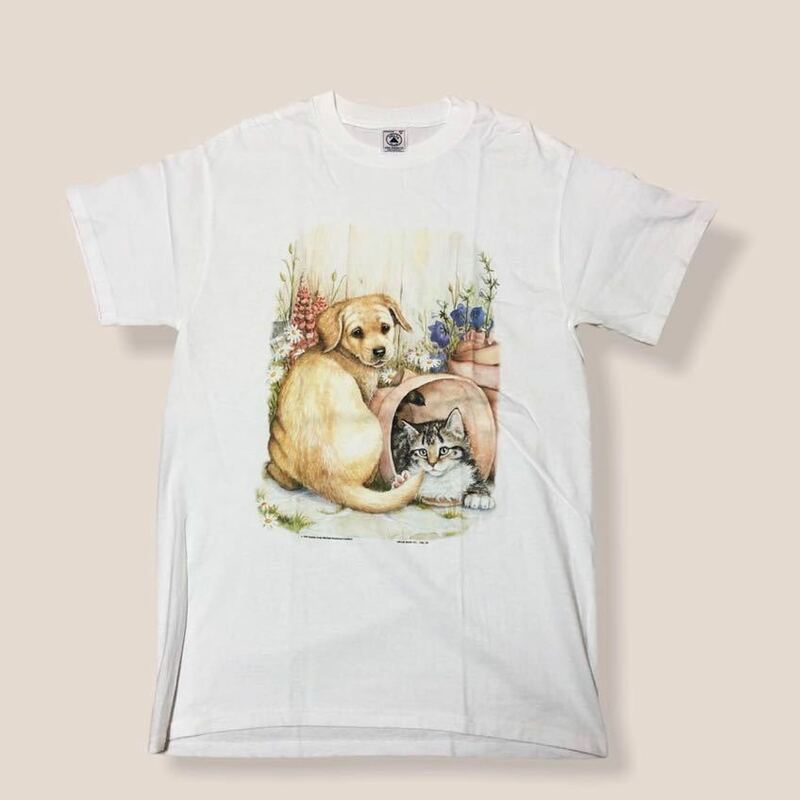 90s vintage Art Tshirt 1995 猫 犬 アート M