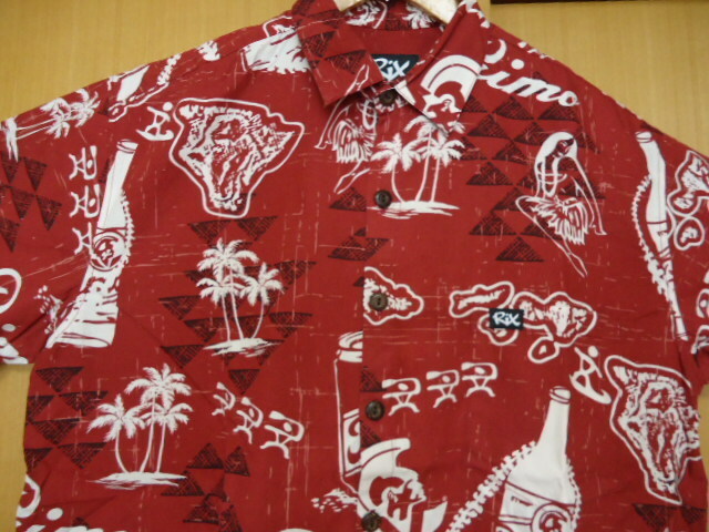即決　ハワイ　Rix　PRIMO　プリモビール　コラボ　アロハシャツ　赤茶色　ロゴ・フラガール・ヤシの木・ハワイ諸島・レイ・他柄　Ｌ