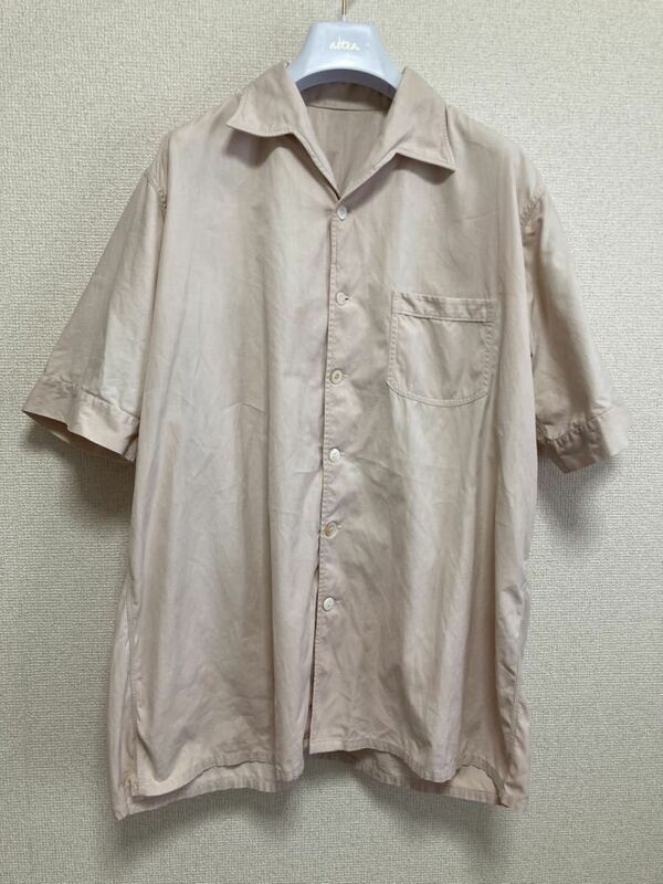 ヨーロッパヴィンテージ シャークカラー シャツ 半袖シャツ ワークシャツ ピンクベージュ　シェルボタン