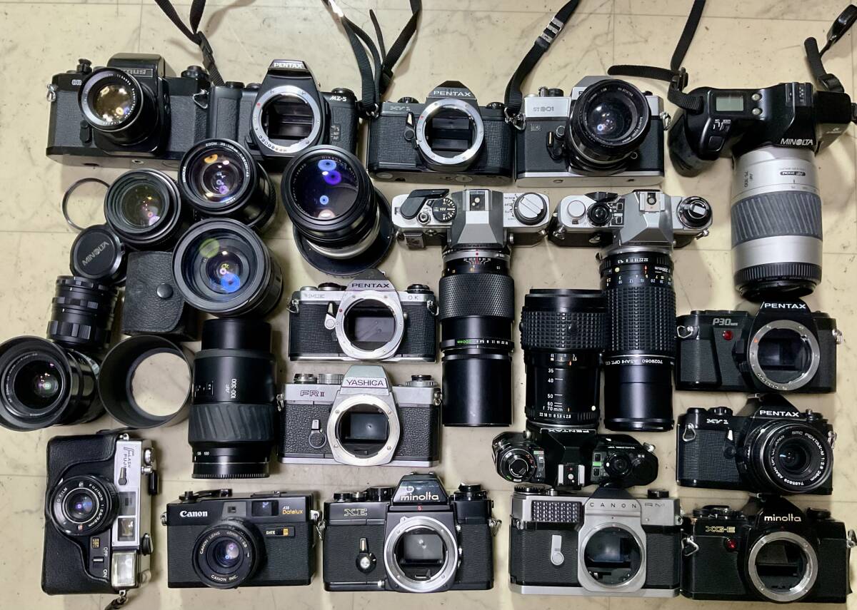 キヤノン、ミノルタ、ペンタックスなど17台と交換レンズ13本のフィルムカメラ、ジャンク品扱い