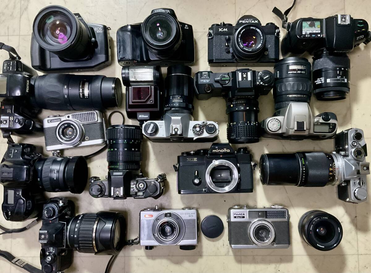 ニコン、キヤノン、ミノルタ、ペンタックスなど16台、交換レンズ13本のフィルムカメラ、ジャンク品扱い