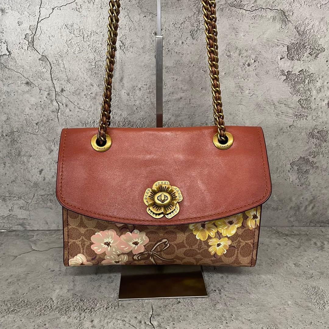 美品　コーチ 2way ショルダーバッグ チェーン ティーローズ　パーカー 花柄 レザー 茶