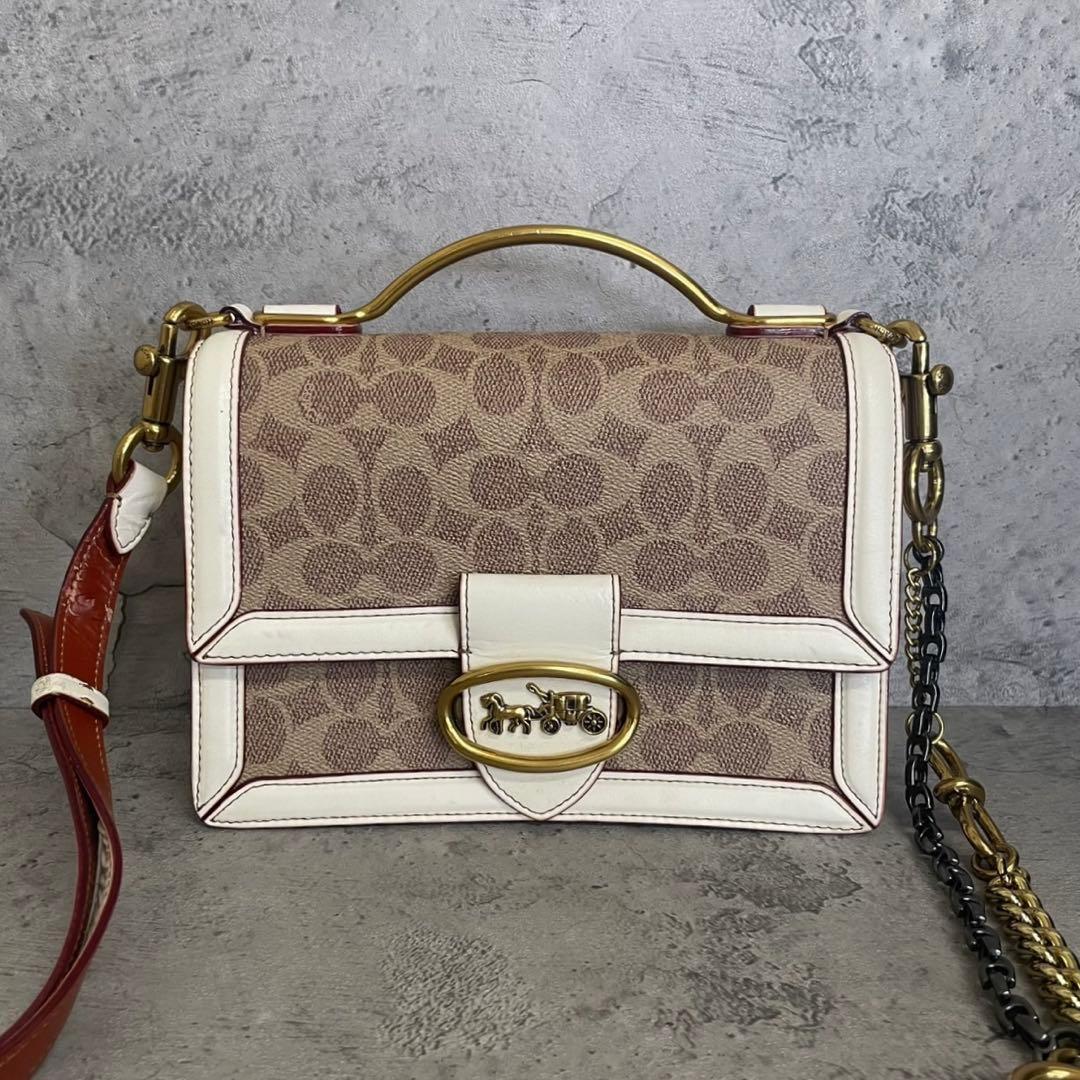 美品　訳あり コーチ ショルダーバッグ ライリー チェーン シグネチャー レザー　白