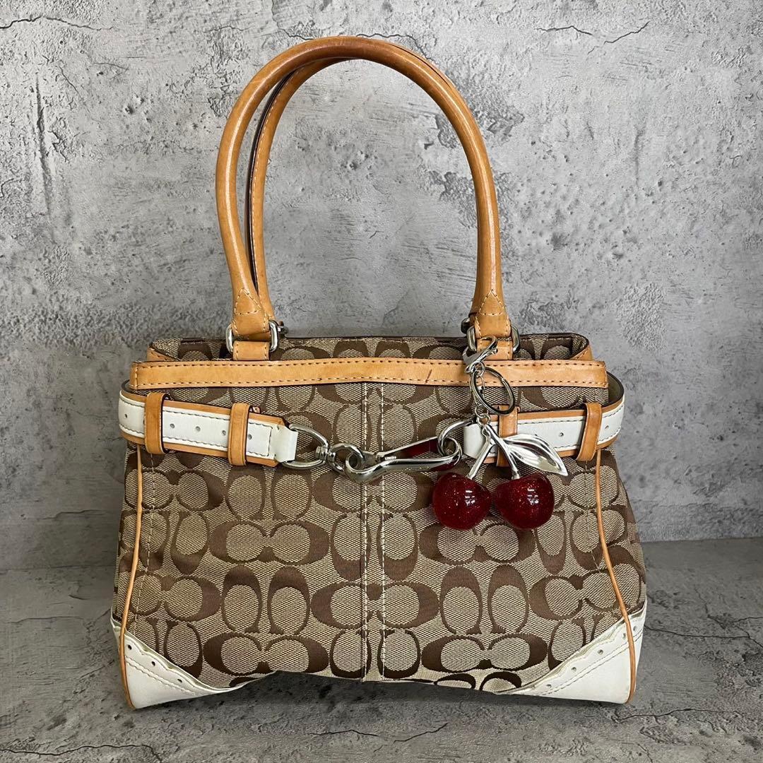 美品　COACH Y2K Signature Mini Boston Bag　コーチ トートバッグ ミニボストン メダリオン シグネチャー レザー キャンバス ベージュ