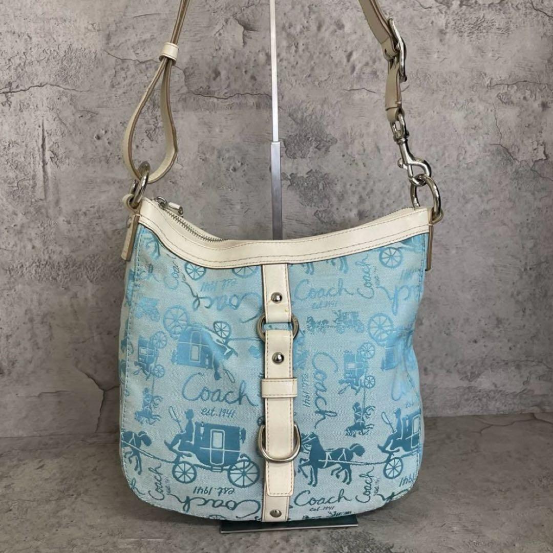 希少　美品　COACH Y2K Horse and Carriage Bag Blue　コーチ ワンショルダーバッグ ホースアンドキャリッジ キャンバス レザー 水色