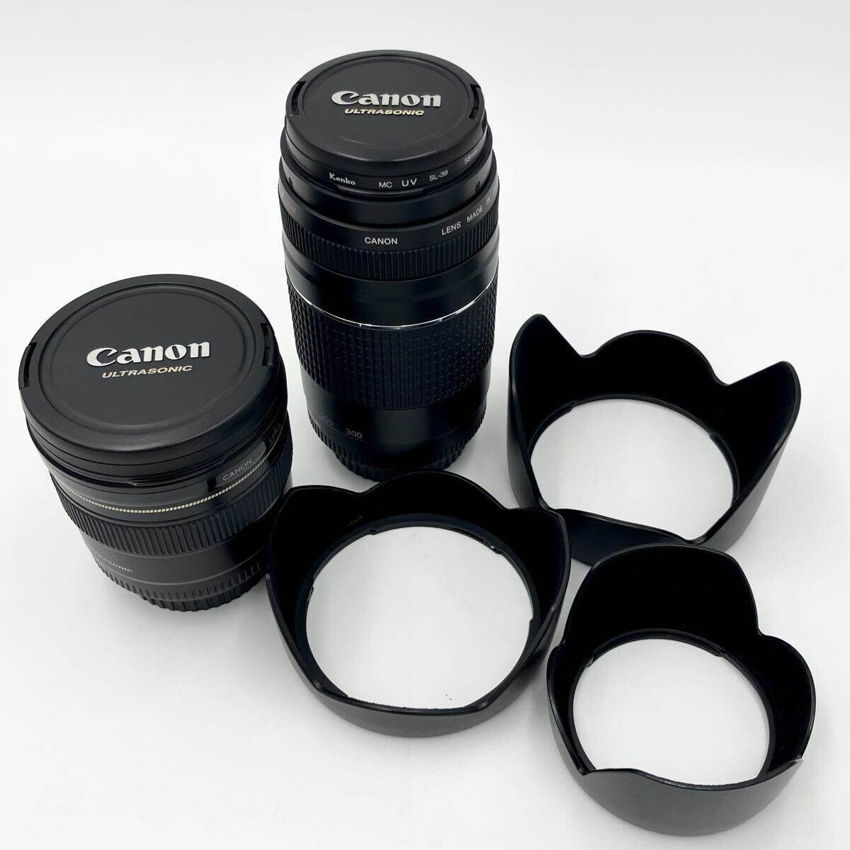 Canon キャノン 望遠ズームレンズ EF 75-300mm F4-5.6 III USM/ 超広角単焦点レンズ EF20mm F2.8 USM/ 花型レンズフード セット売り