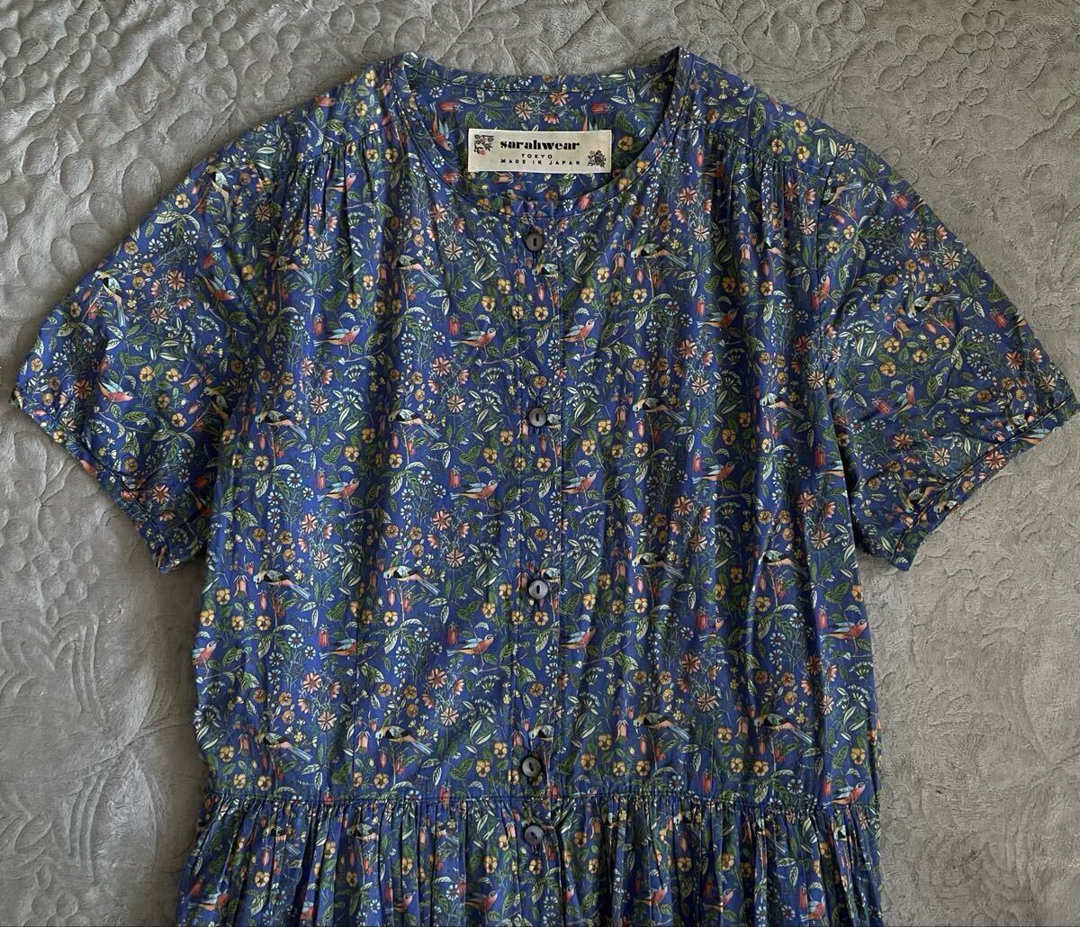 sarahwear 花柄　ワンピース　鳥　青　オレンジ　綿100% ギャザー　ロング　コットン　半袖　サラウェア　日本製　1