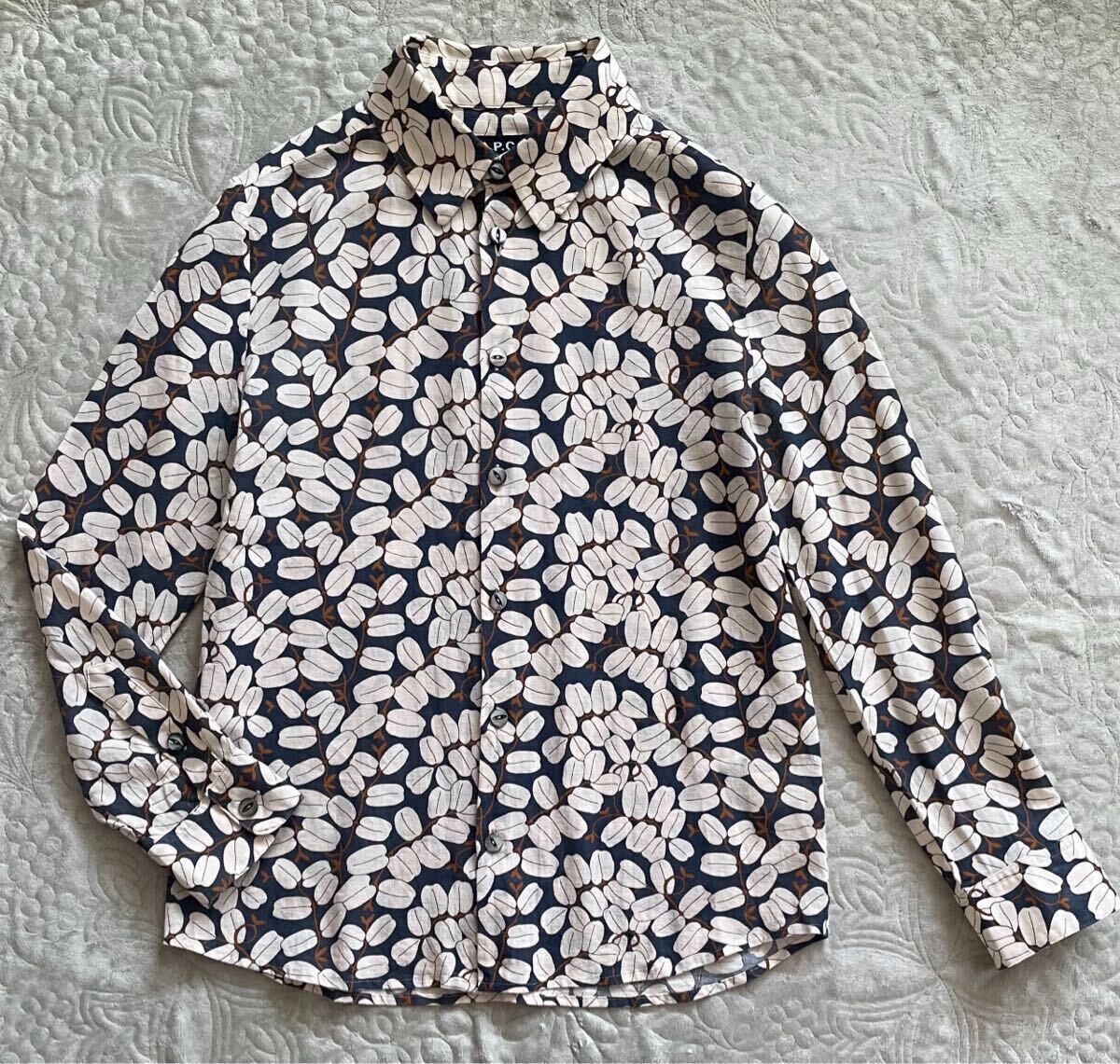A.P.C 総柄　ブラウス　紺　焦げ茶　ベージュ　綿100% 長袖　イタリア製生地　コットン　ボタニカル　シャツ　薄手　XS アーペーセー　