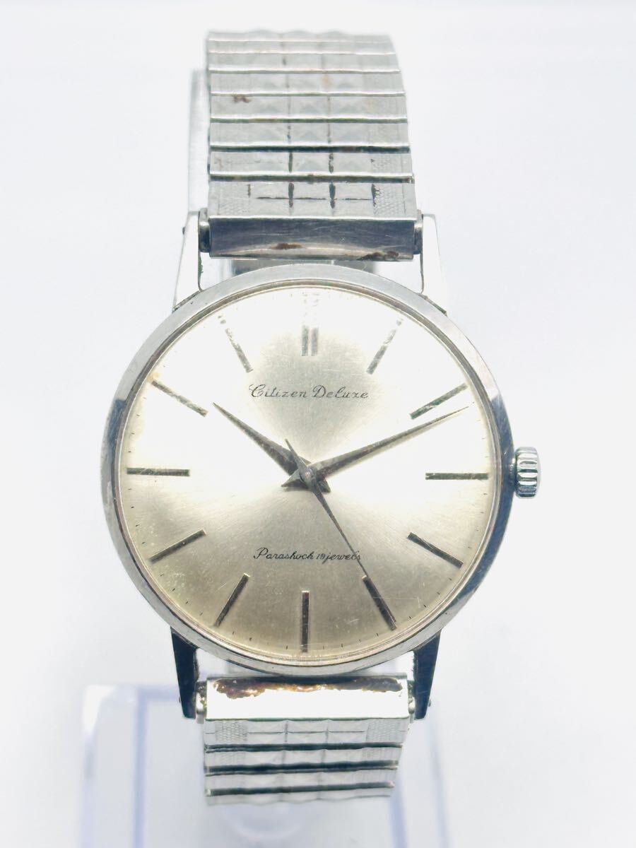 No.34 CITIZEN DELUXE Parashock 19石 自動巻き メンズ腕時計 シルバー文字盤 アンティーク 稼働品 中古 35mm CITIZEN