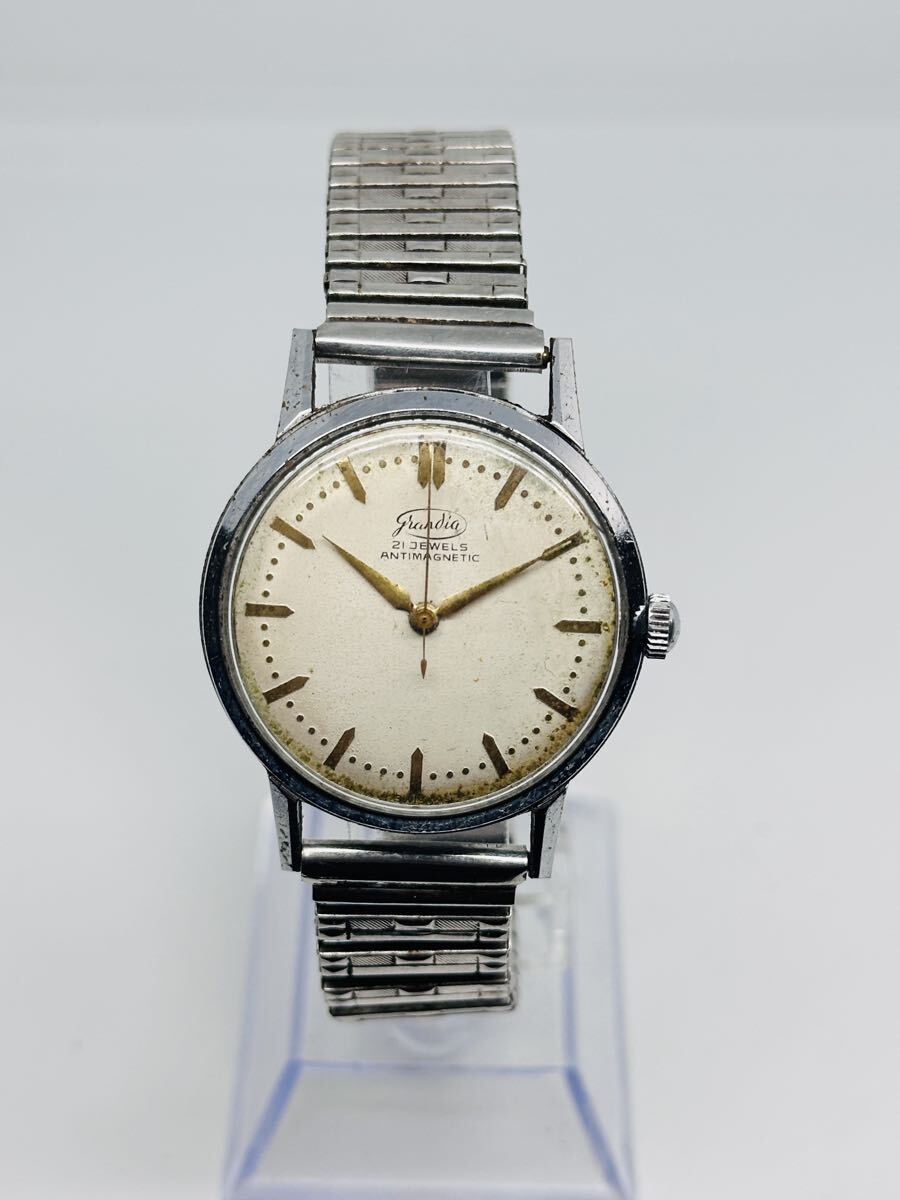 No.36 GRANDIA 21JEWELS ANTIMAGNETIC メンズ 手巻き シルバー文字盤 ヴィンテージ腕時計 稼働品 中古 35mm