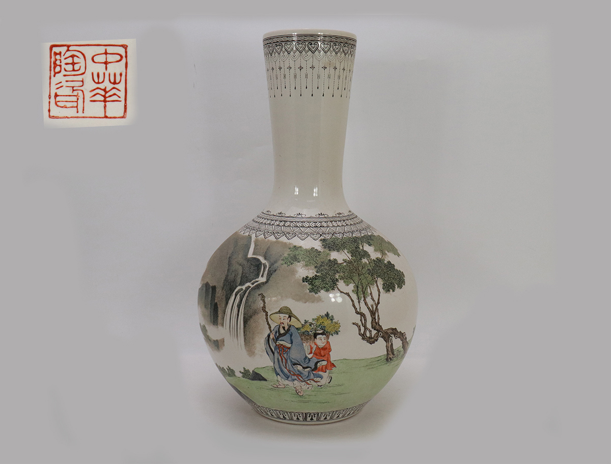 260514 唐物 人物絵 花瓶 H44.5cm 花入れ 花器 中華陶瓷 爽文作 中国古美術 茶道具