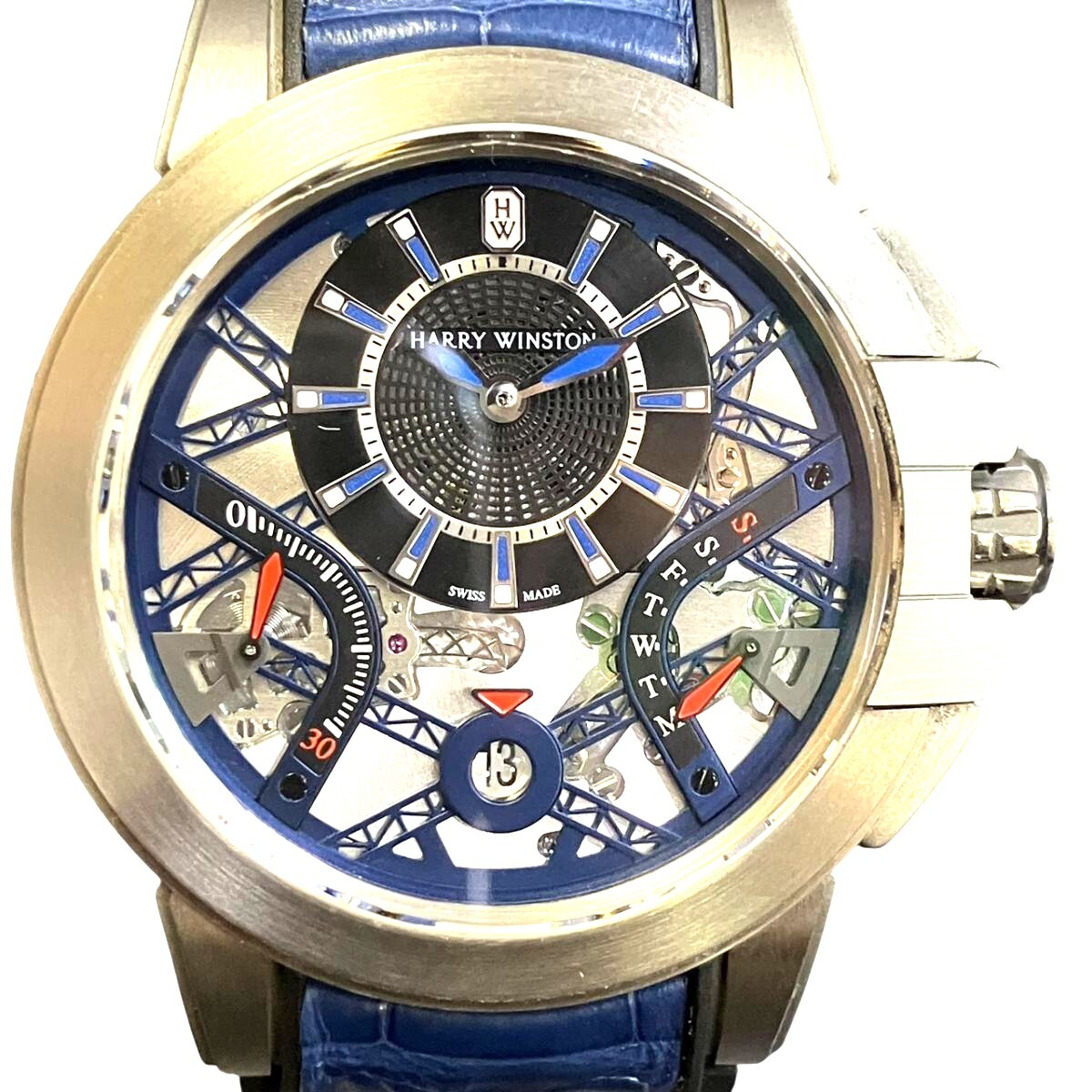 ハリーウィンストン HARRY WINSTON 腕時計 総重量約99.8g 本革 自動巻き シルバー文字盤 OCEABI42ZZ001 中古☆0327