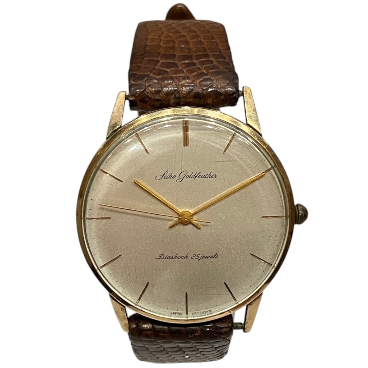 セイコー SEIKO ゴールドフェザー 腕時計 総重量約30g GP 本革 手巻き シルバー文字盤 J15002E 中古☆0339