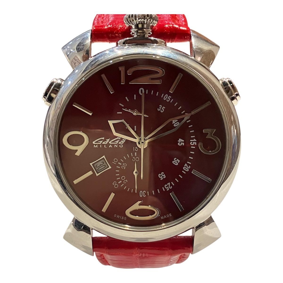ガガ・ミラノ Gaga Milano 腕時計 総重量約75g SS 本革 クオーツ レッド文字盤文字盤 5097 中古☆0334