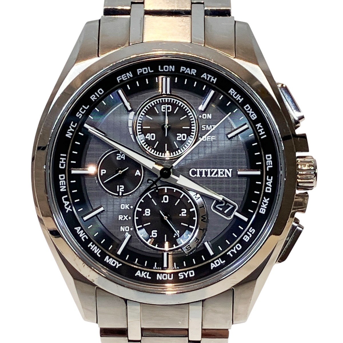 シチズン CITIZEN 腕時計 アテッサ 総重量約87.8g チタン チタン 電波ソーラー ブラック文字盤文字盤 AT8040-57E 中古☆0331