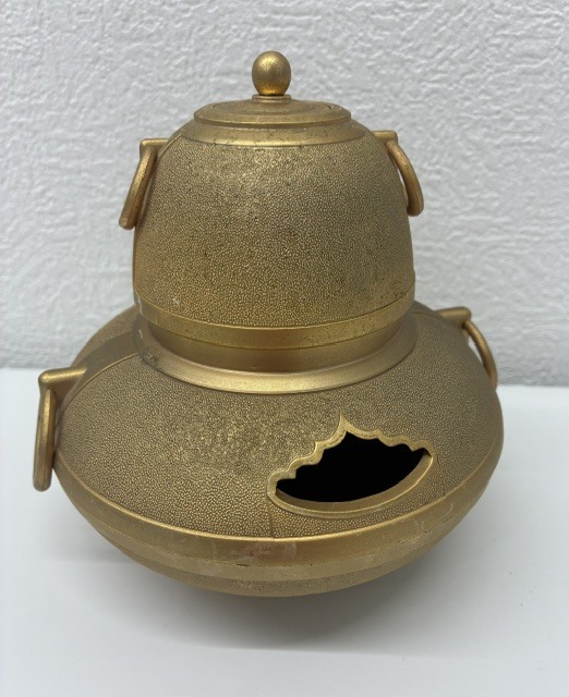 955★黄金茶釜 24金メッキ 24KGP 香炉 置物◇アンティーク レトロ インテリア 金属工芸 刻印 現状品 