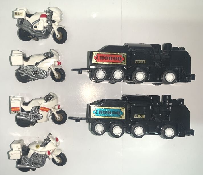 【レトロ品】　タカラ　チョロQトレイン「D-51」＆チョロバイ「ポリスバイク」　[6台]