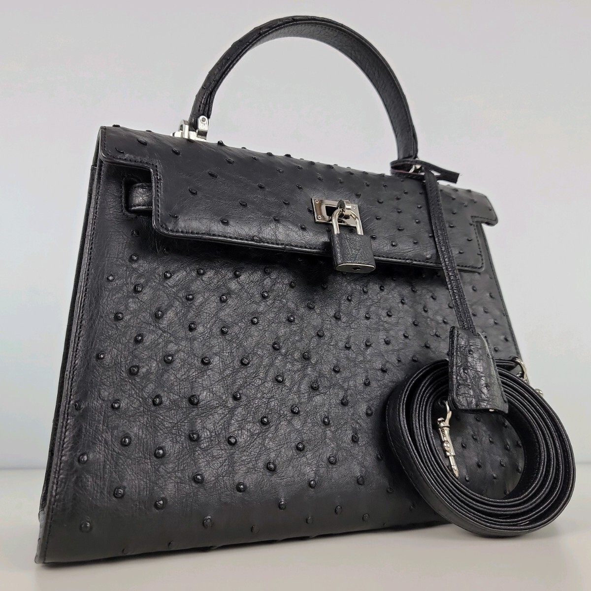 ★極美品★HIGH-CLASS ハイクラス オーストリッチ ケリー型 2WAY ハンドバッグ ショルダーバッグ 黒 鍵付 BFF15