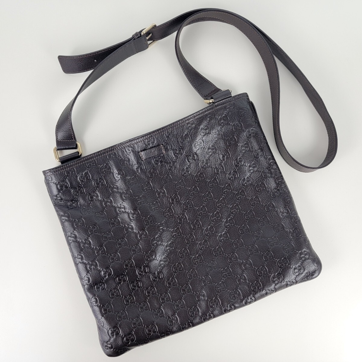 ★美品★GUCCI シマライン GG柄 ショルダーバッグ ダークブラウン 201446 イタリア製 ポシェット 斜め掛け 本革 メンズ レディース BFF17