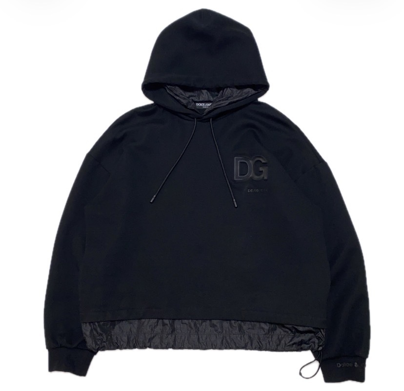 DOLCE&GABBANA DG エンボス 3Dマイクロロゴ 異素材切り替え コットンxナイロン ストレッチ ドロップショルダー オーバーフィット パーカー