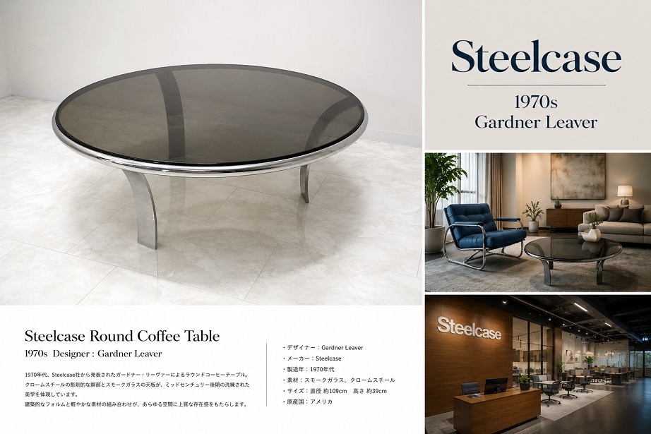希少 Steelcase ガードナー・リーヴァー 1970s ラウンドコーヒーテーブル スモークガラス×クローム ミッドセンチュリーモダン