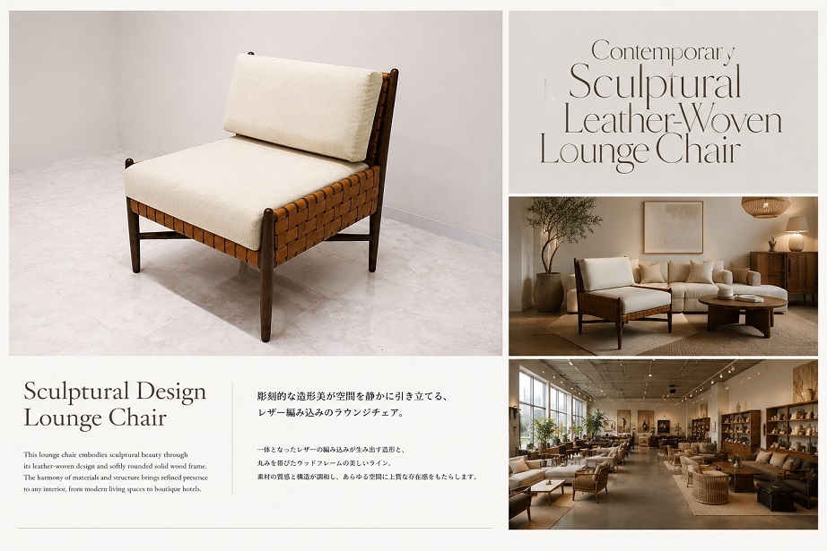 美品　レザー編み込みラウンジチェア「Sculptural Leather-Woven Lounge Chair」 本革編み込み/木製フレーム リゾートモダンスタイル