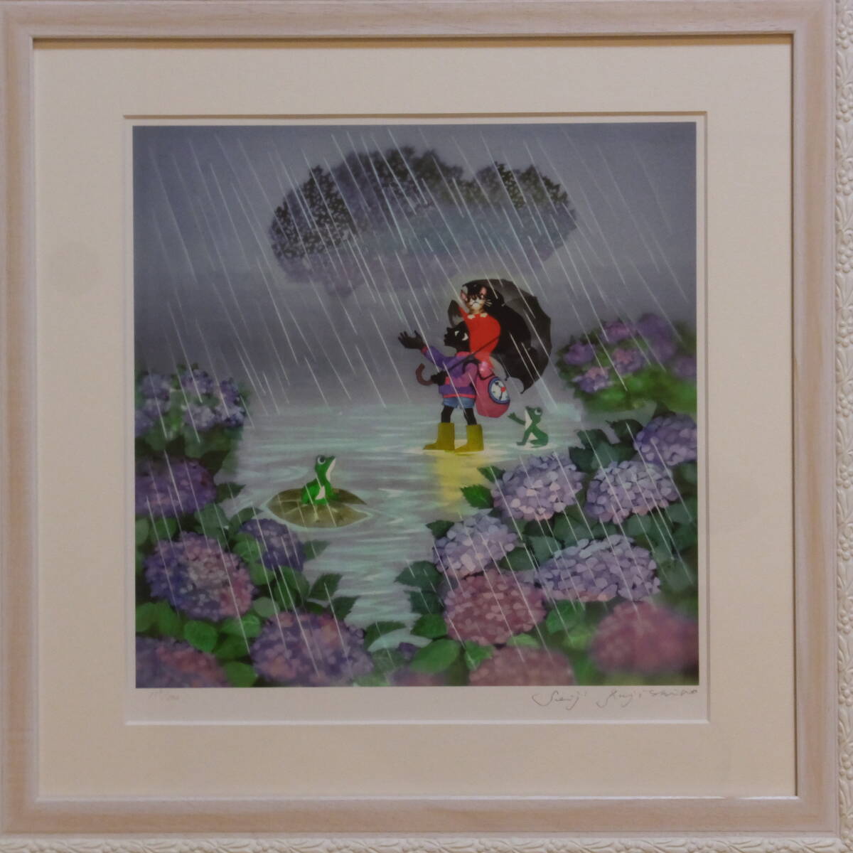 ◆◇【真作】藤城清治◆日本の影絵作家の第一人者◆あじさいと少年◆額装◆保証書付き◆収納袋収納箱付き◆紀伊国屋書店購入品◇◆