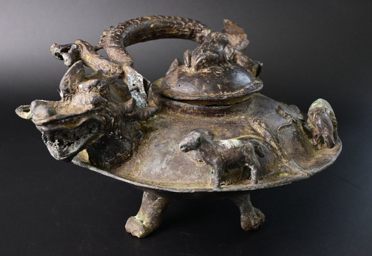 中国の古い銅瓶　龍頭口銅瓶　水もれ有り　酒器　唐物　中国工芸品