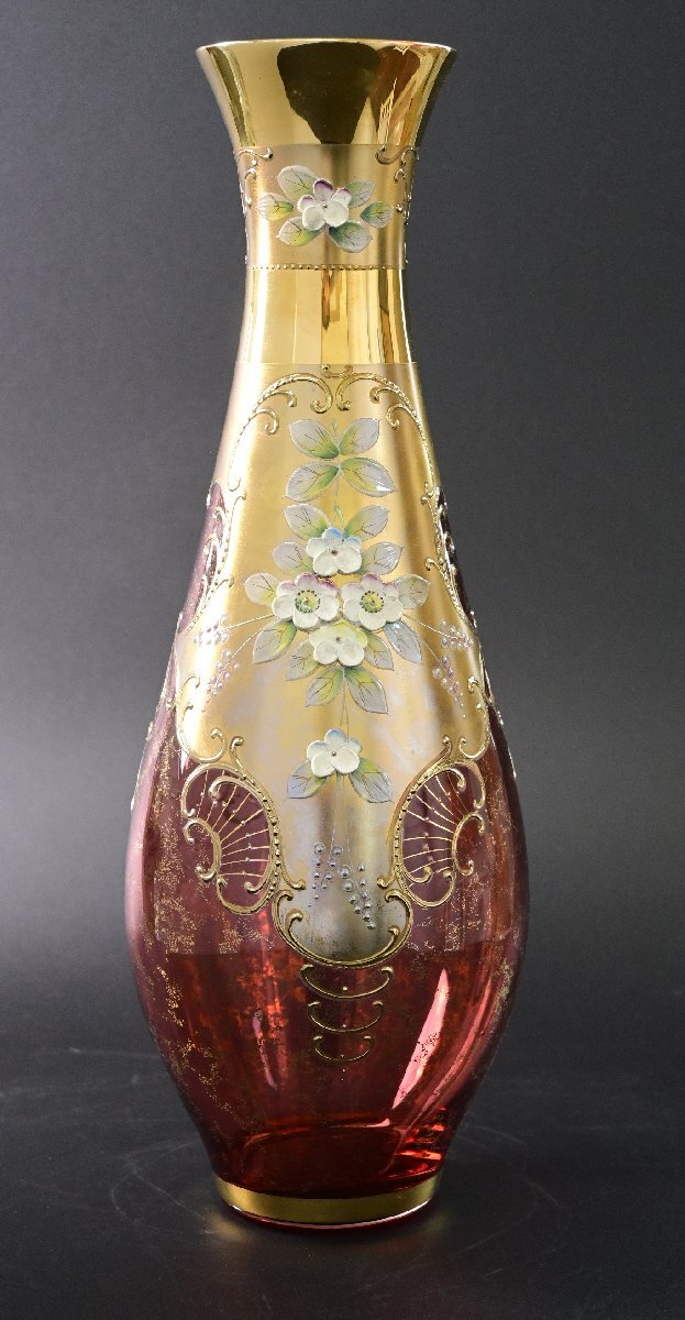 ボメミヤグラス　『エナメル金彩花瓶』チェコスロバキア製　共箱　花生　花器